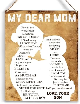 Wooden Mom Hanging Sign - Christmas & Birthday Gift for Mom from Son - 8 x10 Inches Wall Decor - Thank You Gift for Mothers Day