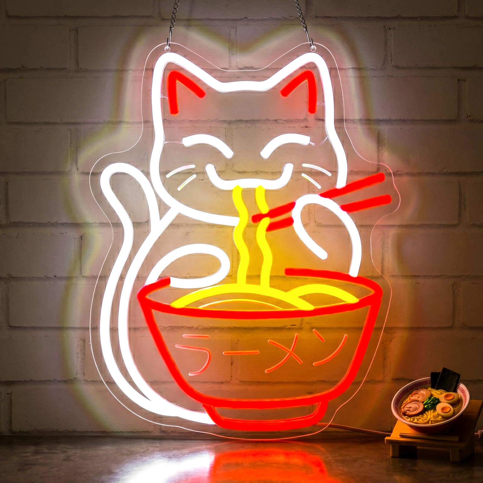 Lxmoneon Cat Ramen Neon Light Sign, LED Neon Signs for Wall Decor, USB Japanese Ramen Noodle Neon Sign, Dimmable Anime Cat Neon Light for Resturant Shop Window Home Bar Kitchen Dinning Room Gift