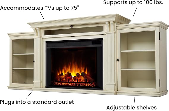 Real Flame Tracey 84 Grand Electric Fireplace TV Stand for TVs up to 80 inches, Entertainment Center with Adjustable Shelves and Storage, TV Stand for Living Room and Bedroom, Distressed White