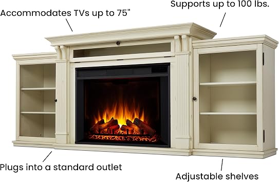 Real Flame Tracey 84 Grand Electric Fireplace TV Stand for TVs up to 80 inches, Entertainment Center with Adjustable Shelves and Storage, TV Stand for Living Room and Bedroom, Distressed White