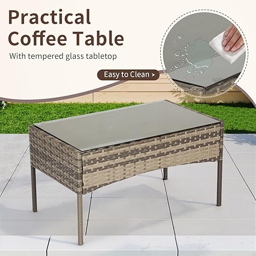 Miniatura 26 de FDW Juego de 3 sillas de mimbre marrón para patio, muebles de exterior, 2 sillas de ratán con cojines rojos y mesa de centro de cristal para porche