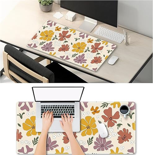 Vista 124 de ARTSO Alfombrilla de escritorio grande negra, alfombrilla de mouse para juegos XXL, alfombrilla de escritorio antideslizante con base de goma, Flor