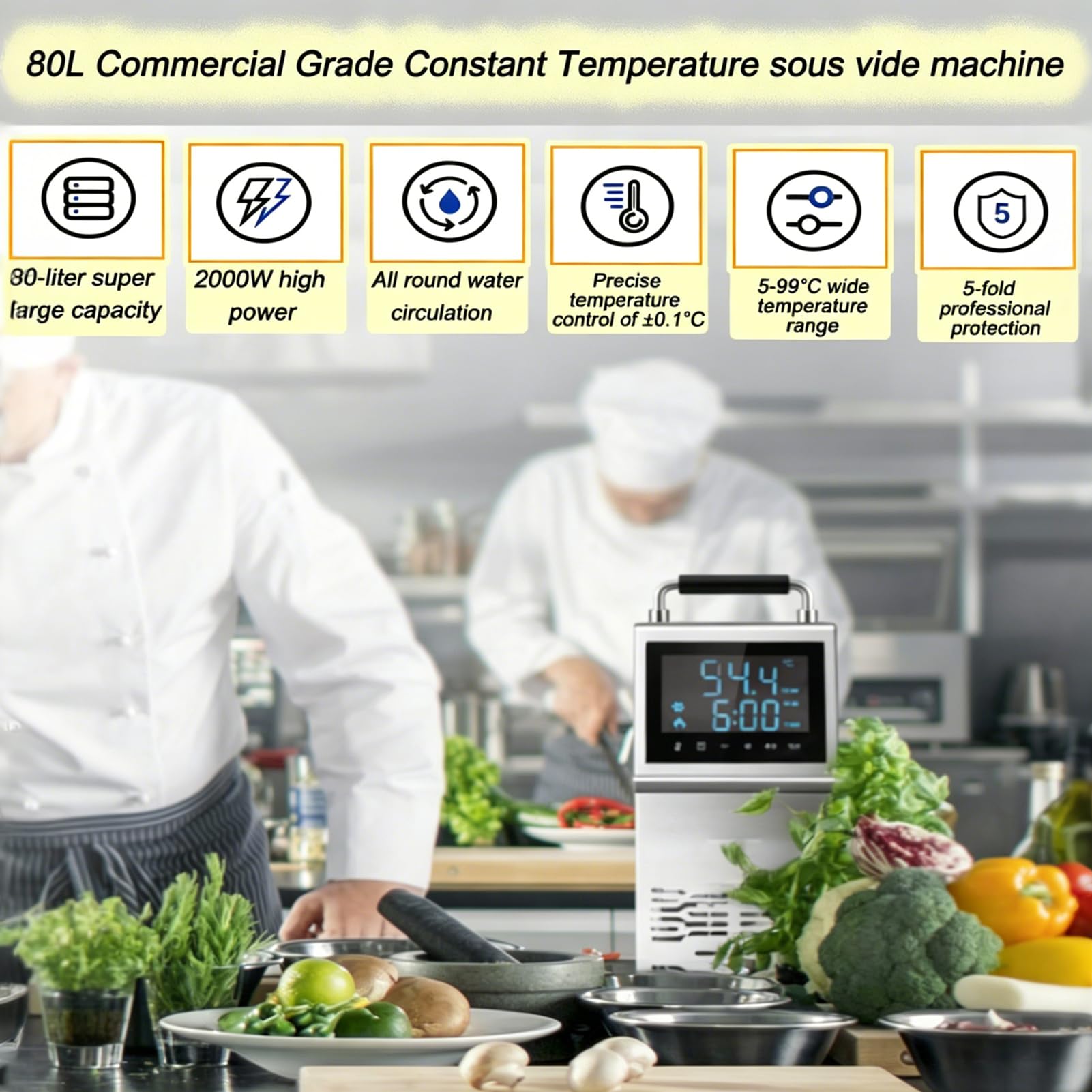 Macchina per Cottura Sottovuoto, Circolatore a Immersione Professionale da 2000 W con Bagno D'acqua da 80 Litri e Controllo Preciso della Temperatura di ±0,1 °C, Timer da 1 a 99 Ore, Impermeabile