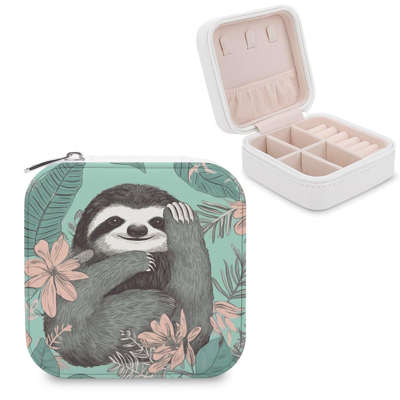 JTREHY Travel Animal Sloth Mint Green Jewelry Case Portable Display Storage Box PU Leather Mini Jewelry Travel Case Personalized Travel Jewelry Organizer Small Jewelry Box for Women