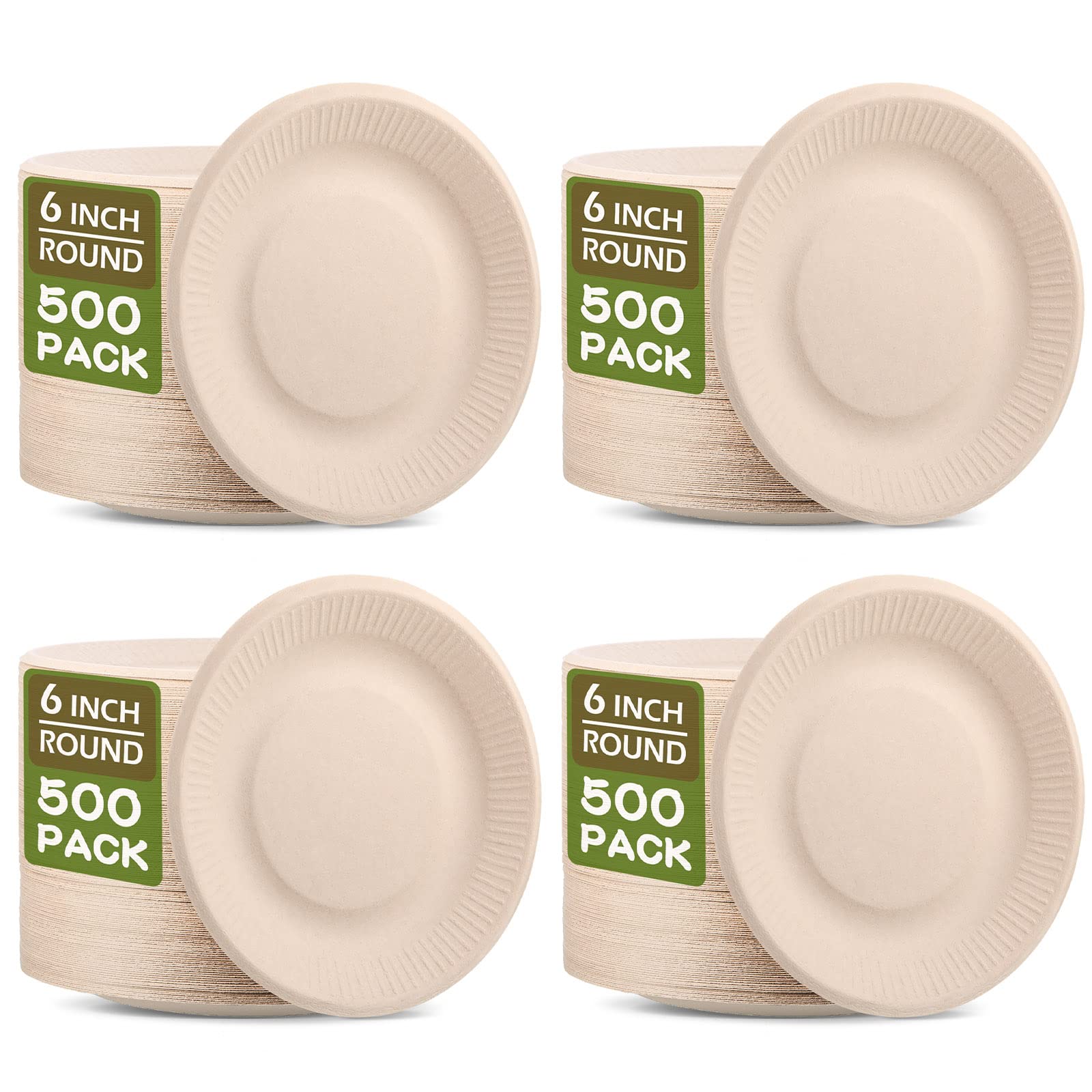 Mimorou 500 Counts 100% Compostable Paper Plates Bulk Heavy Duty Sugarcane Brown Disposable Paper Plates Bulk Small Dessert Party Appetizer Cakes Restaurant Party Supplies (6 Inch)