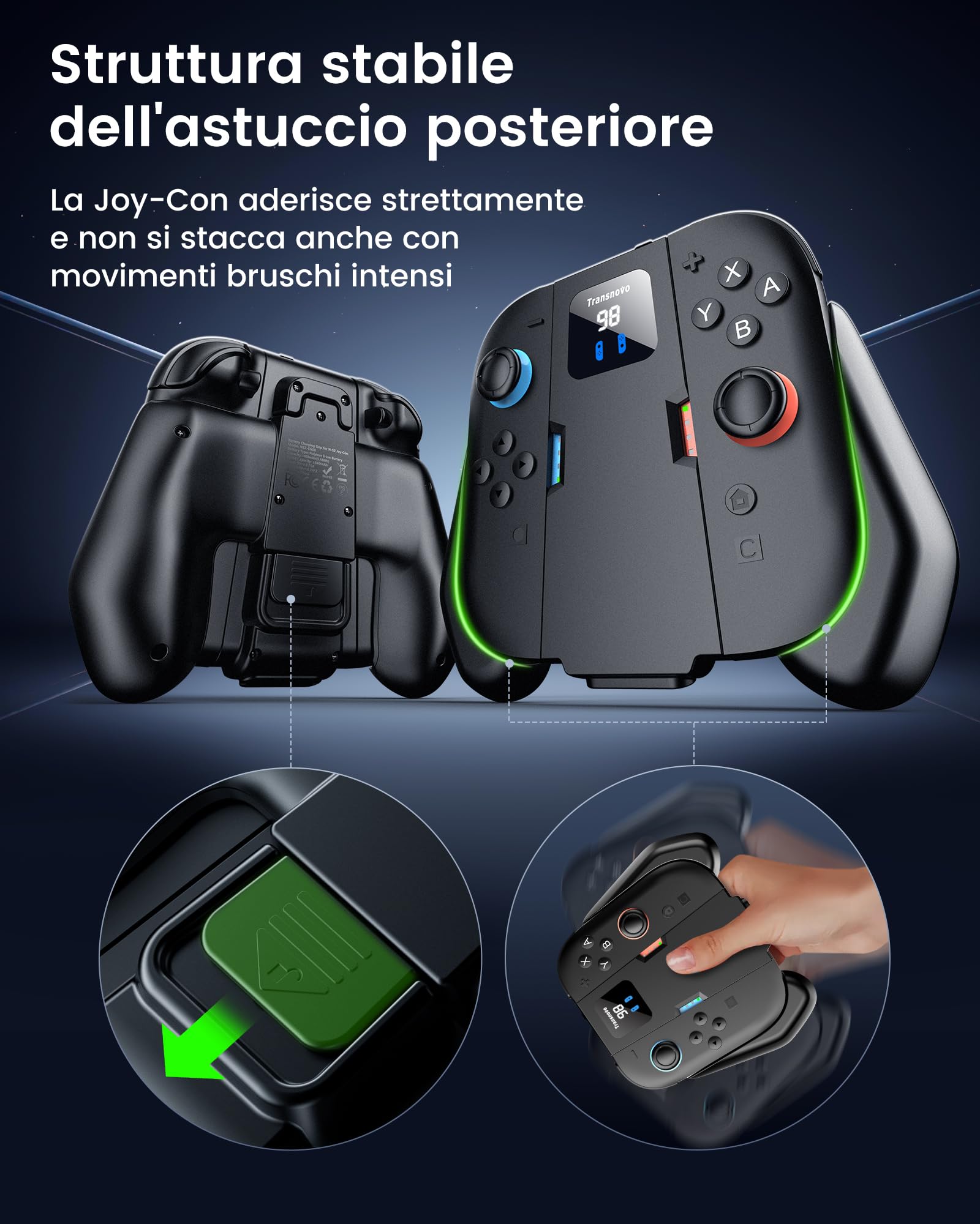 TRANSNOVO Interruttore 2 Impugnatura di Ricarica Compatibile con Nintendo Switch 2 Joycons (2025) (Tipo C 1 m) (nero, Tipo C+1400 mAh) - 3