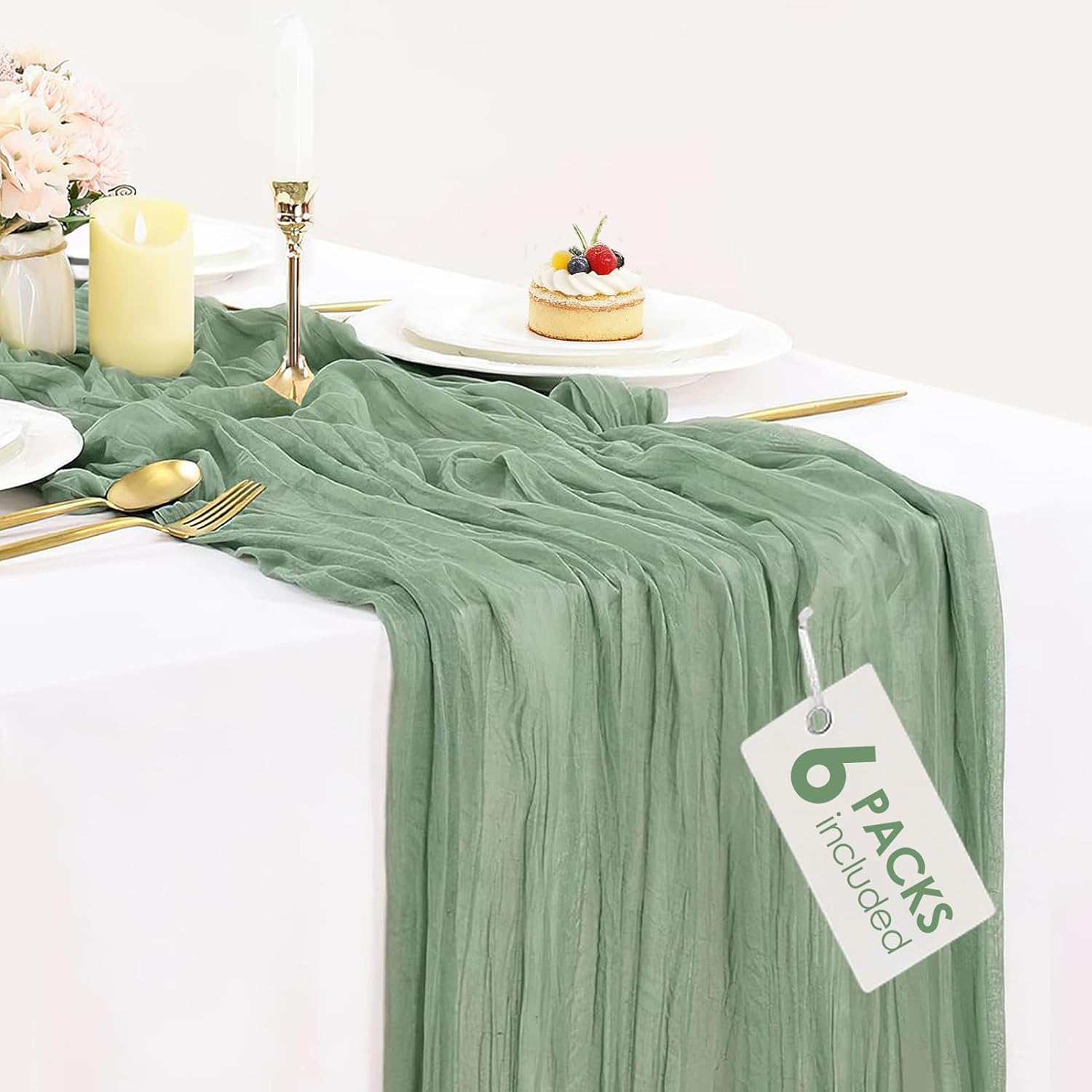 6 Pack Sage Green Cheesecloth Table Runners, Easter Spring 10FT Boho Green Gauze Table Runner 120 Inch Long for Wedding Baby Shower Birthday Party St. Patrick's Day Decoration