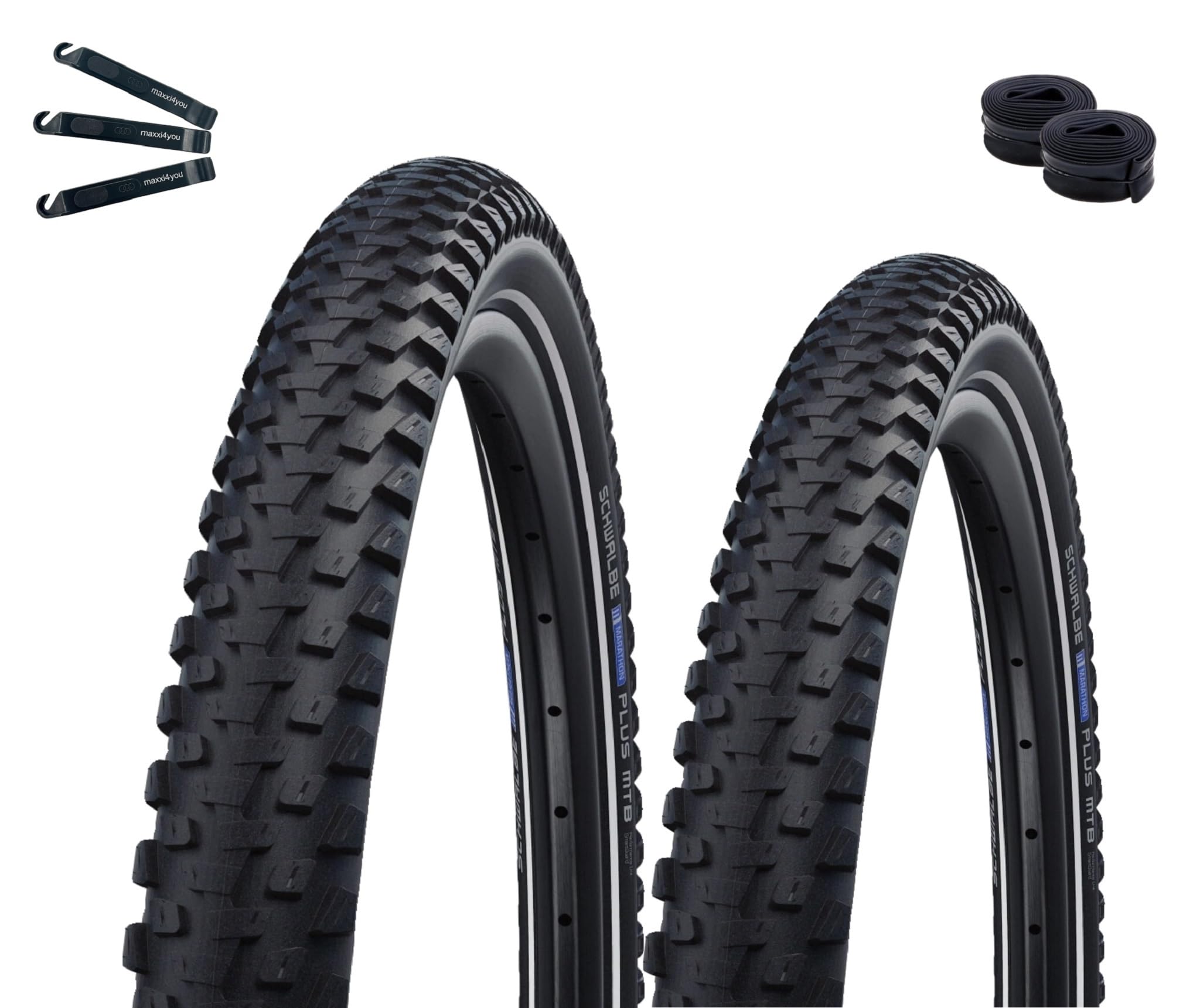 2 x Schwalbe Marathon Plus MTB Fahrradreifen Performance Smart DualGuard E-50 ADDIX Schwarz/Reflex 65-622 (29 x 2.60) + 2 x Schwalbe Schläuche SV19F inkl. maxxi4you Reifenheber