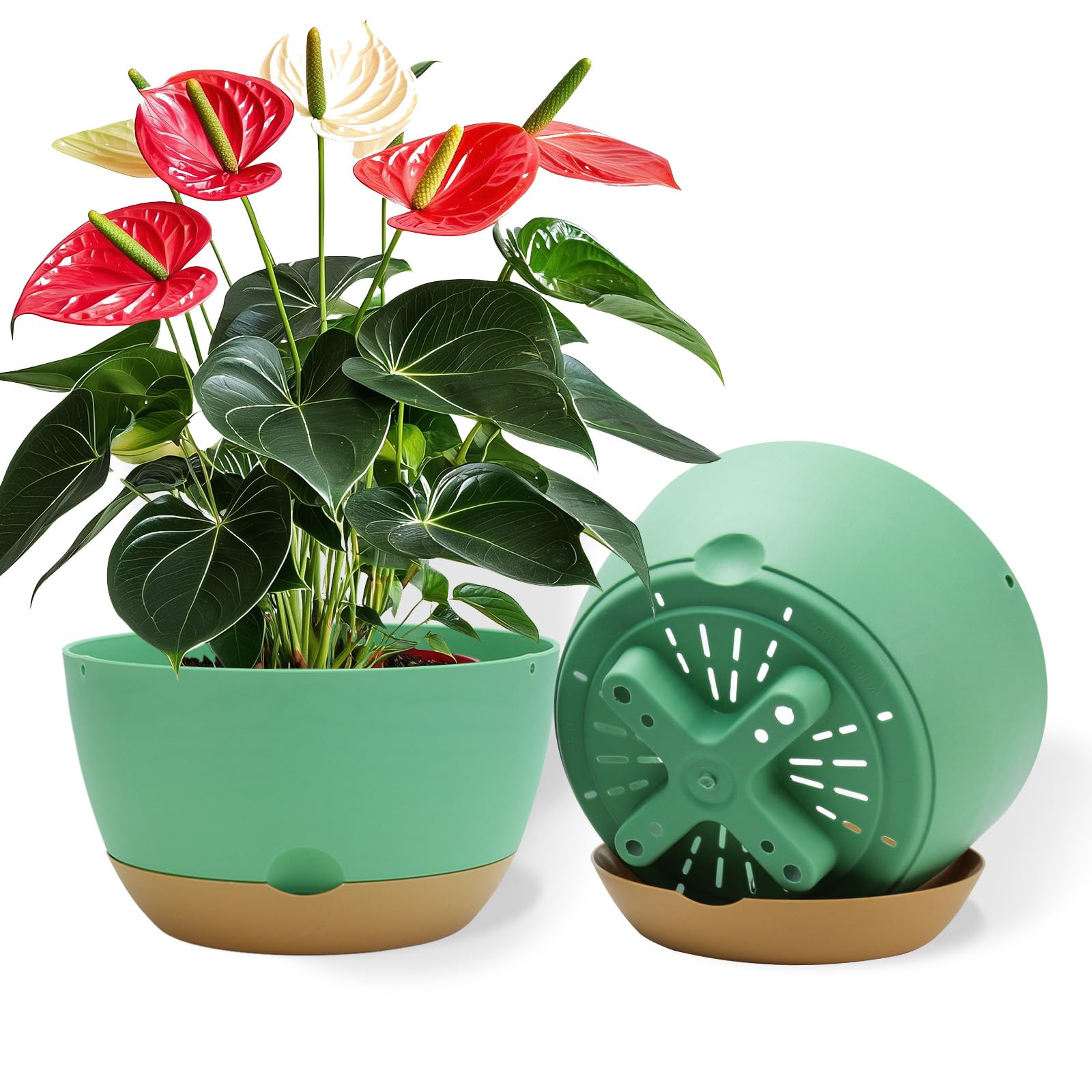 10 Inch Pots for Indoor Plants, Large Self Watering Planters with Drainage and Saucers, Plastic Outdoor Flower Pot, Set of 2, Green