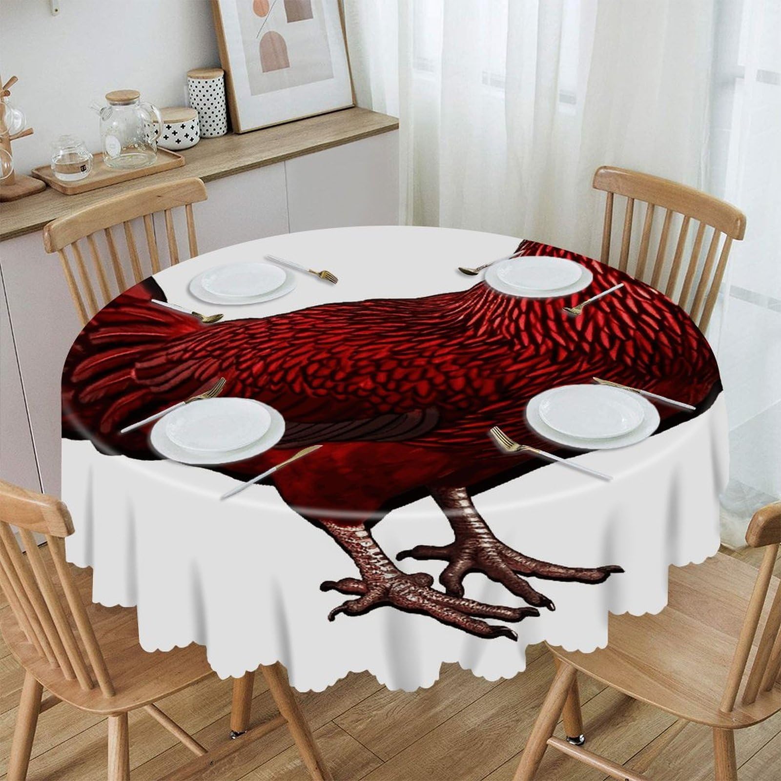 FekiLoot 60 Inch Round Red Chicken Tablecloth Waterproof Heavy Duty Polyester Table Cloth Spill-Proof Wipeable Table Cover Decorative Circle Dining Tablecover for Party Outdoor