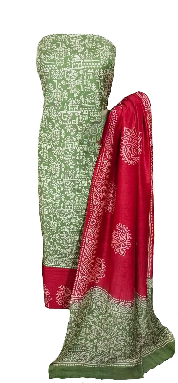 Women Bhagalpuri Katan Silk Unstitched Suit Dress Material Hand BlockDischarge Print Salwar Suit Set with Top Bottom Dupatta Each for Women and Girls (2.5 M) Code -405-image-14