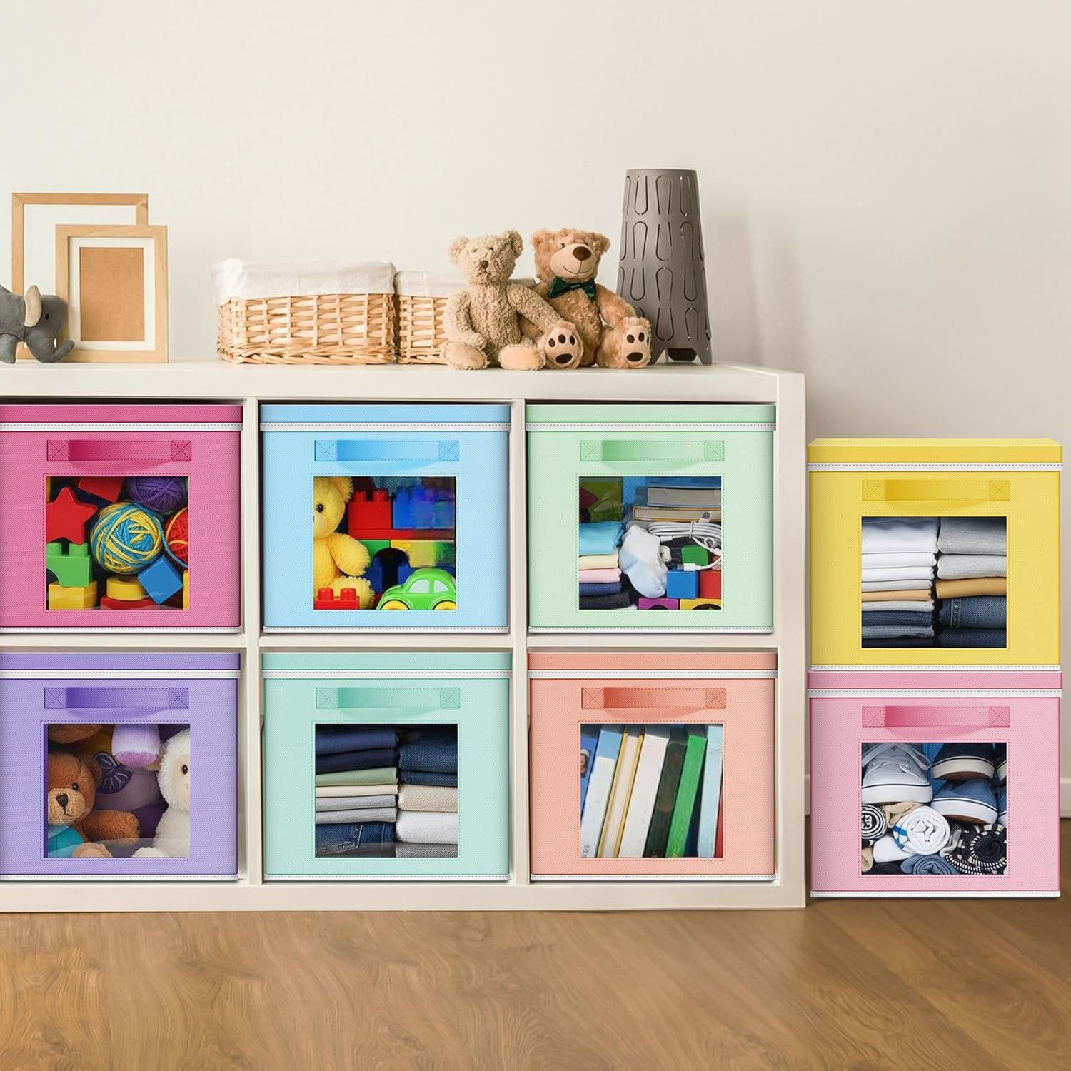 10 Pcs Fabric Storage Cubes with Lids and Clear Windows 11x11 Inch Foldable Closet Organizer Bins Aesthetic Pastel Storage Bins for Shelves Dorm Essentials Craft & Office Organization