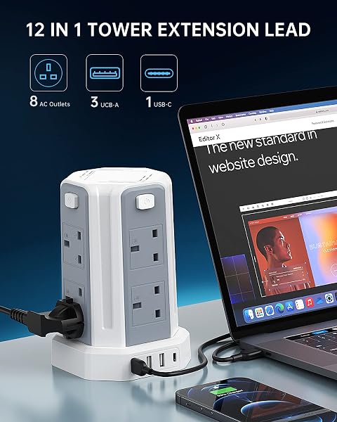 Tower Extension Lead 3M (3250W 13A) Extension Tower 8 AC Outlets & 4 USB Ports, Surge Protection Extension Lead with 4 Independent Switch, 17W USB C Ports Extension Cable 3M for Office, Home, Kitchen - 3