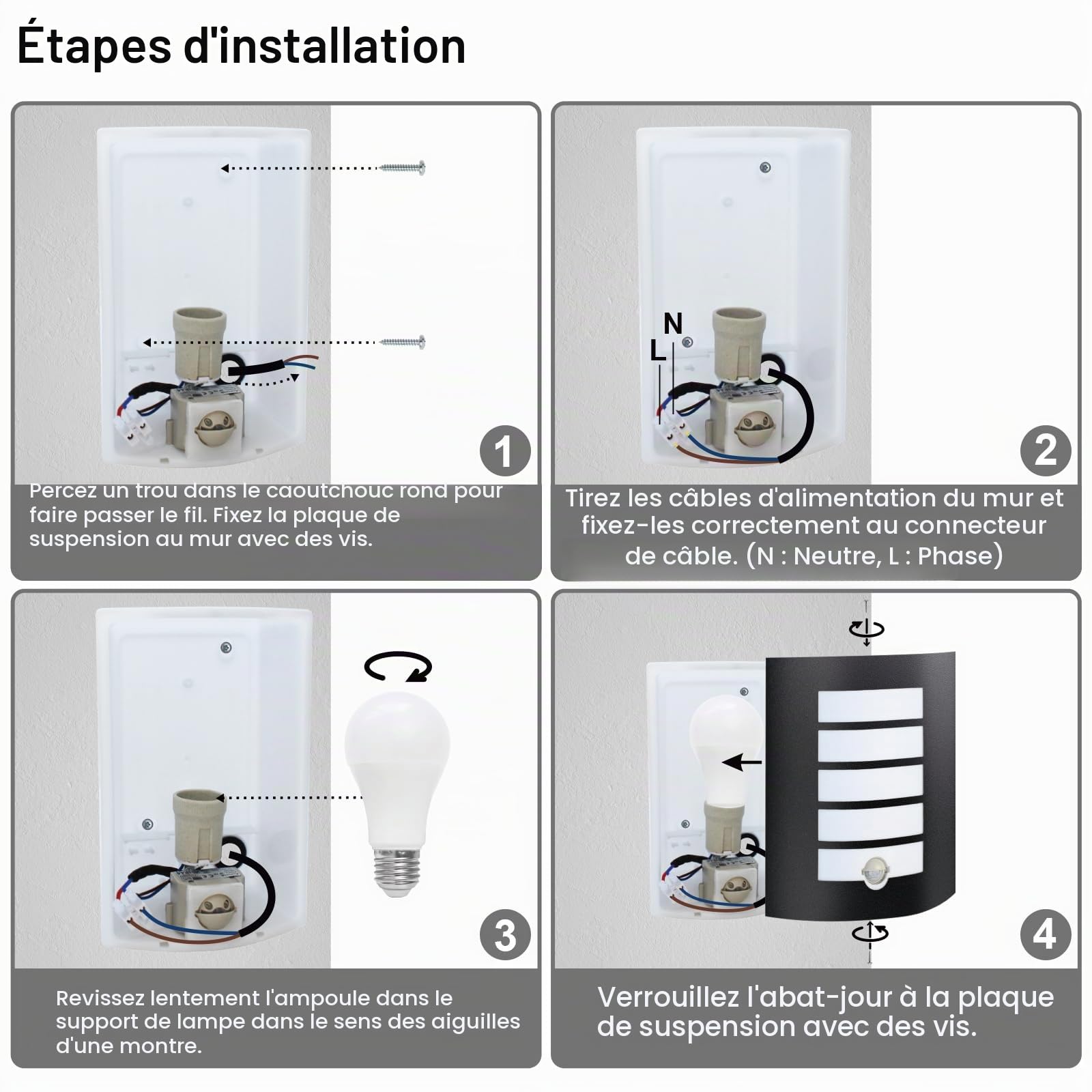 Applique Murale Extérieur/Intérieur avec Détecteur de Mouvement E27 LED Noir,12W Blanc Chaud 1200lm Luminaire IP44 Exterieur Étanche ABS,Lampe Exterieur pour Escalier Couloir Garage