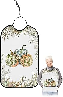 Kewadony Adult Bibs for Elderly Women - Thanksgiving Waterproof Dining Clothing Protectors with Crumb Catcher for Eating/Feeding, Leaf Paint Pumpkin Green Eucalyptus Leaves Fall Terry Cloth Bib