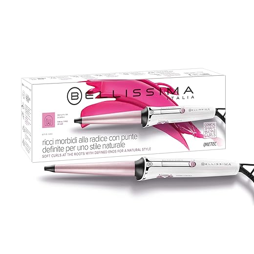Bellissima Imetec GT15 200, Rizador de pelo con revestimiento de cerámica, forma cónica, control de la temperatura, blanco/rosa