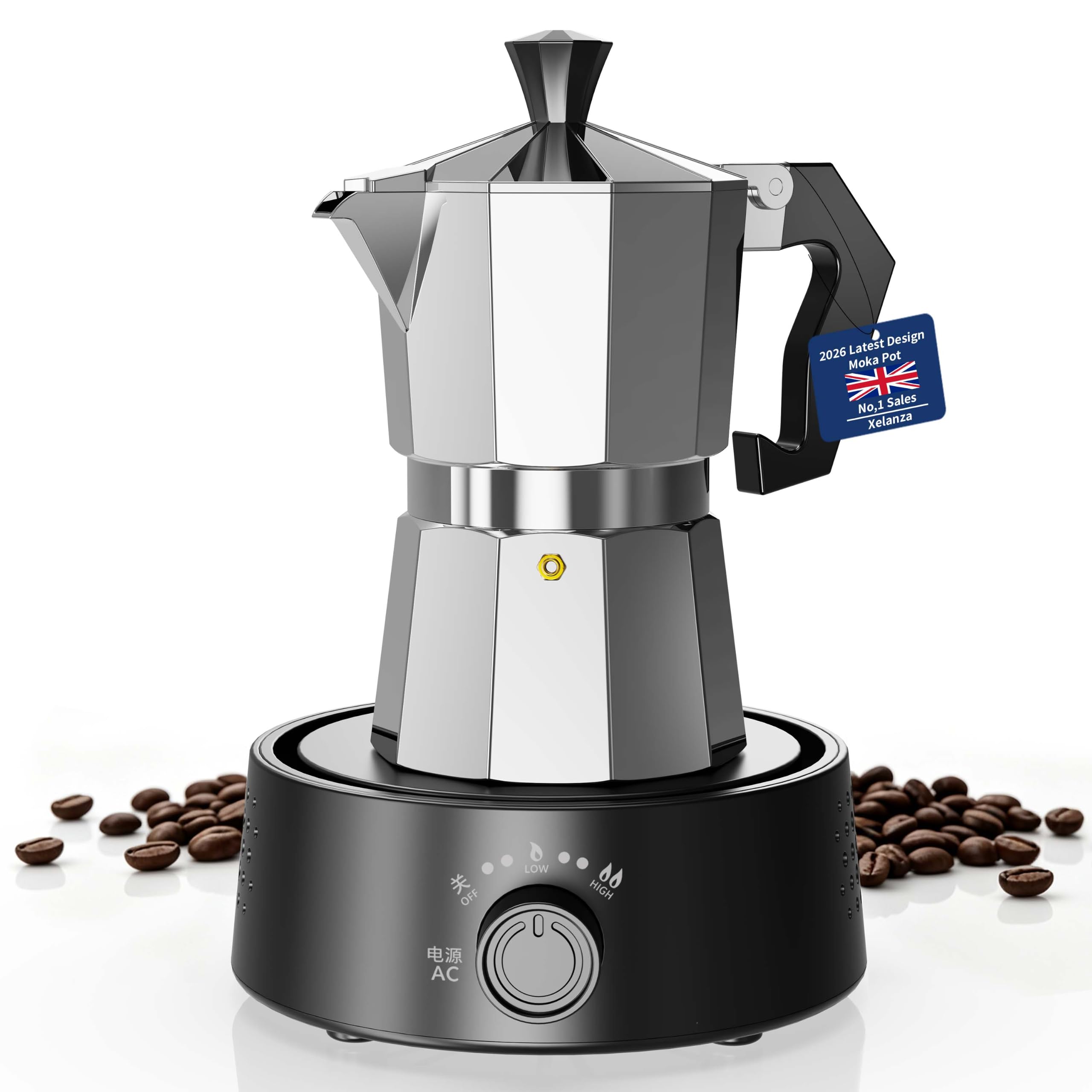 Cafetera Eléctrica 6 Tazas con base calefactora, Función de mantener caliente, Cafetera Moka 300ml, Mango termorresistente, fácil de limpiar y libre de BPA, 600W (150ml)