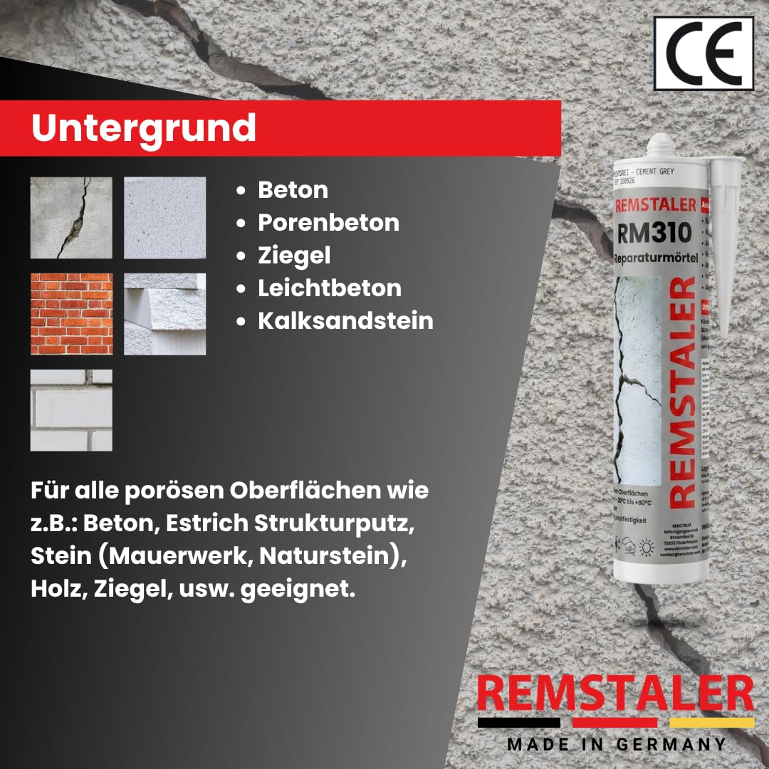 10x Remstaler REPARATURMÖRTEL für Mauerwerksfugen und Ausbruchstellen in Beton | zementgrau | überstreichbar | 310ml (10 Stk.)