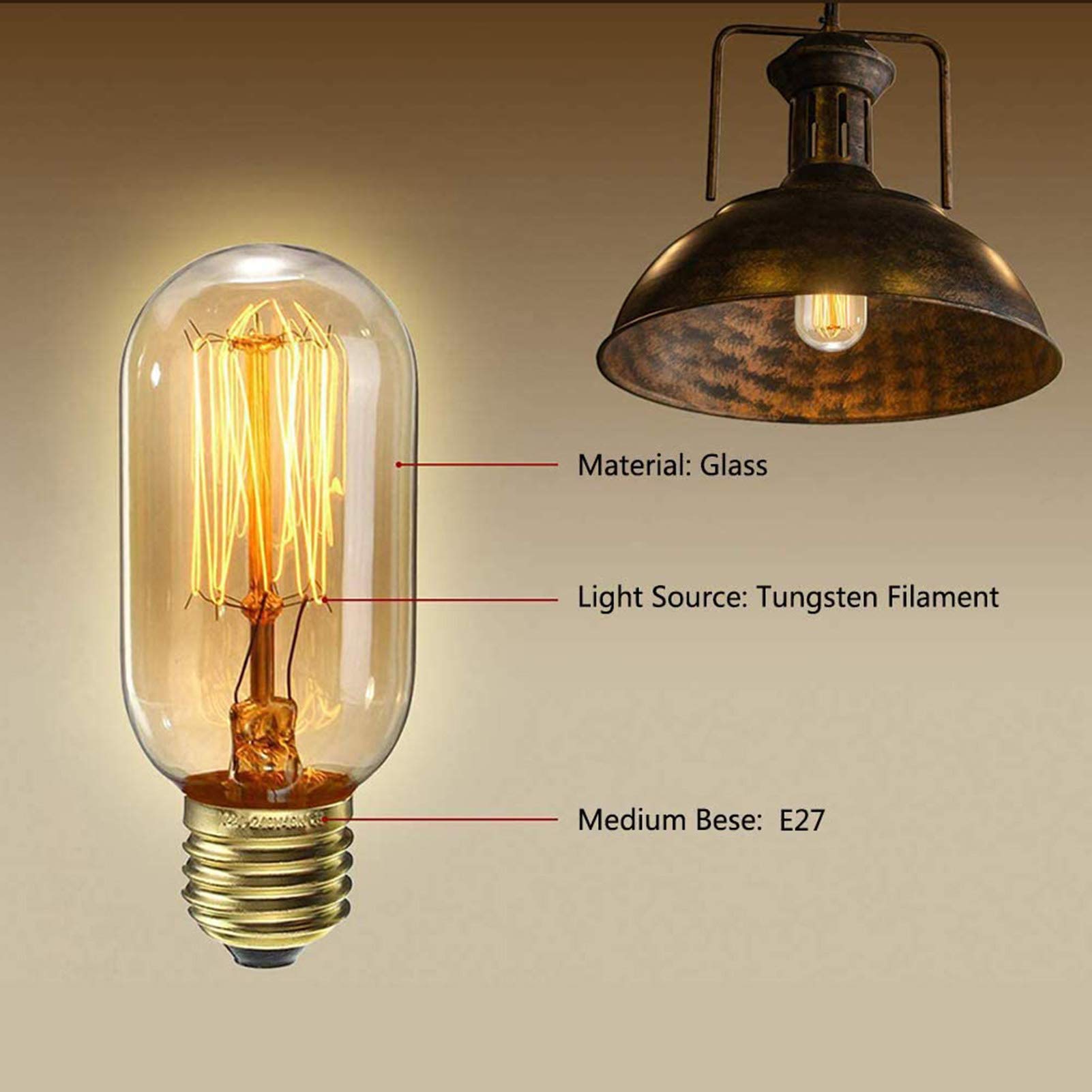 Bombilla Edison LED vidrio ámbar T45, bombilla incandescente Edison Vintage atenuación 40W, bombilla tungsteno sin parpadeo, paquete 4 bombillas Edison E27