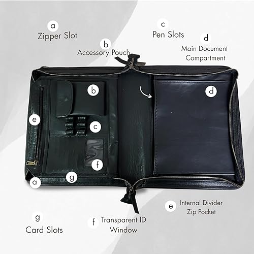 Miniatura 5 de Madosh, Carpeta de cuero Padfolio Organizador de documentos, entrevista de oficina, carpeta de archivos de currículum, cartera con cremallera de