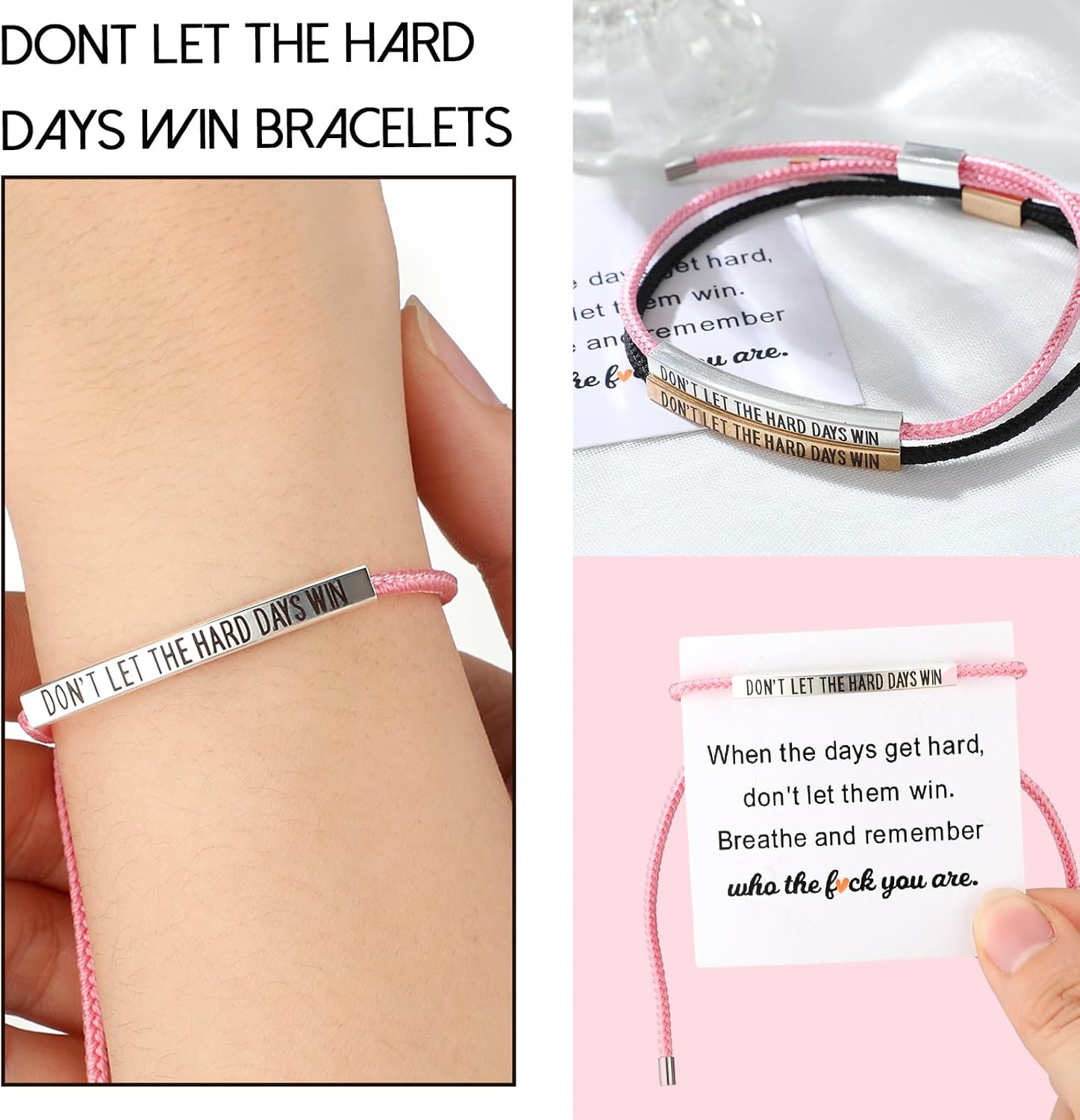 Aurelema 2 Pcs Couples Bracelets Stainless Steel Dont Let The Hard Days Win Bracelet for Women Men Inspirational Handmade Braided Adjustable Wrap with 2 Cards for friend Birthday Gift Jewelry