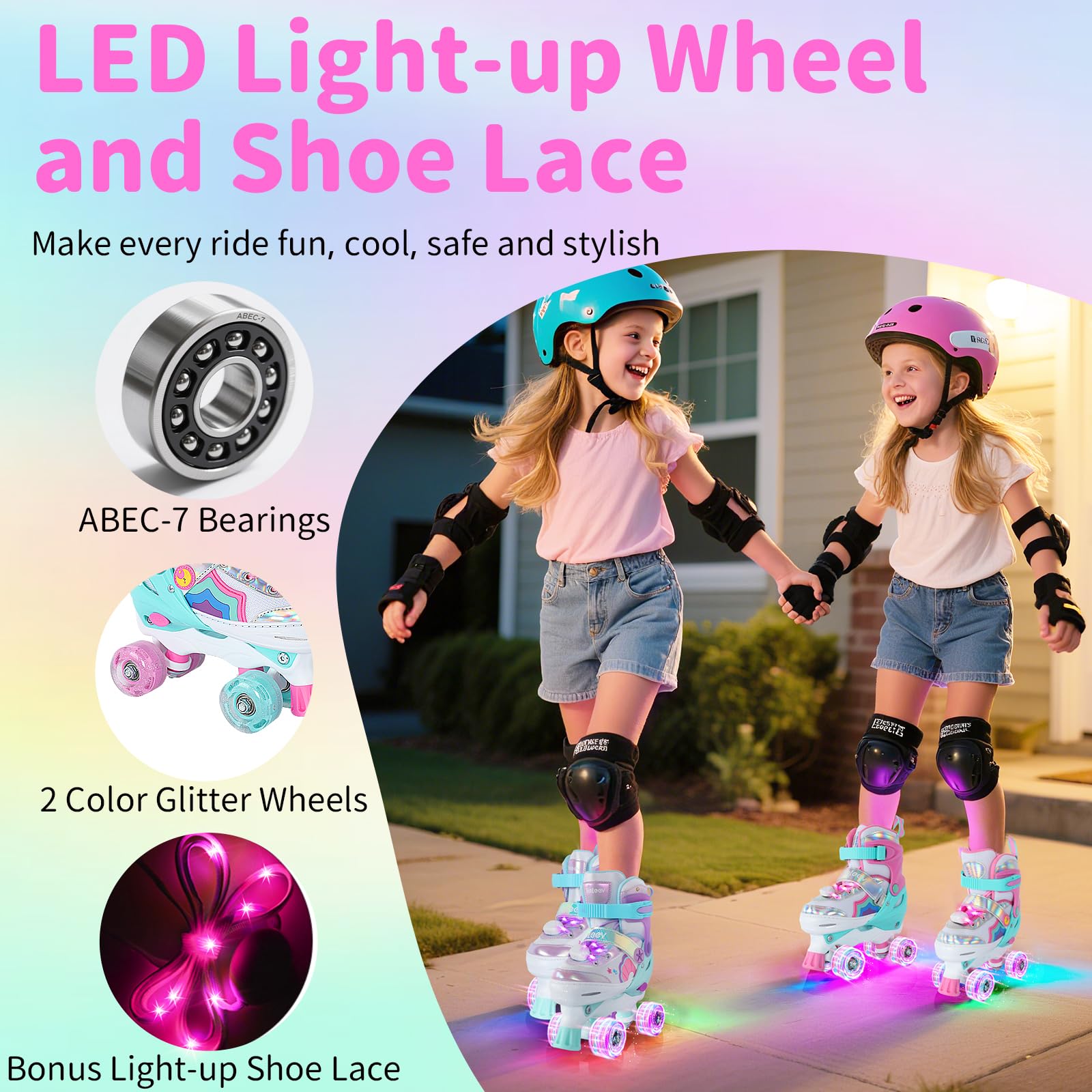 BELEEV Kids Roller Skates for Girls, 4-Size Adjustable Quad Skates with 8 Light-Up LED Wheels & Bonus Shoe Lace, Safe & Fun for Toddlers Children Beginners, Ideal Birthday