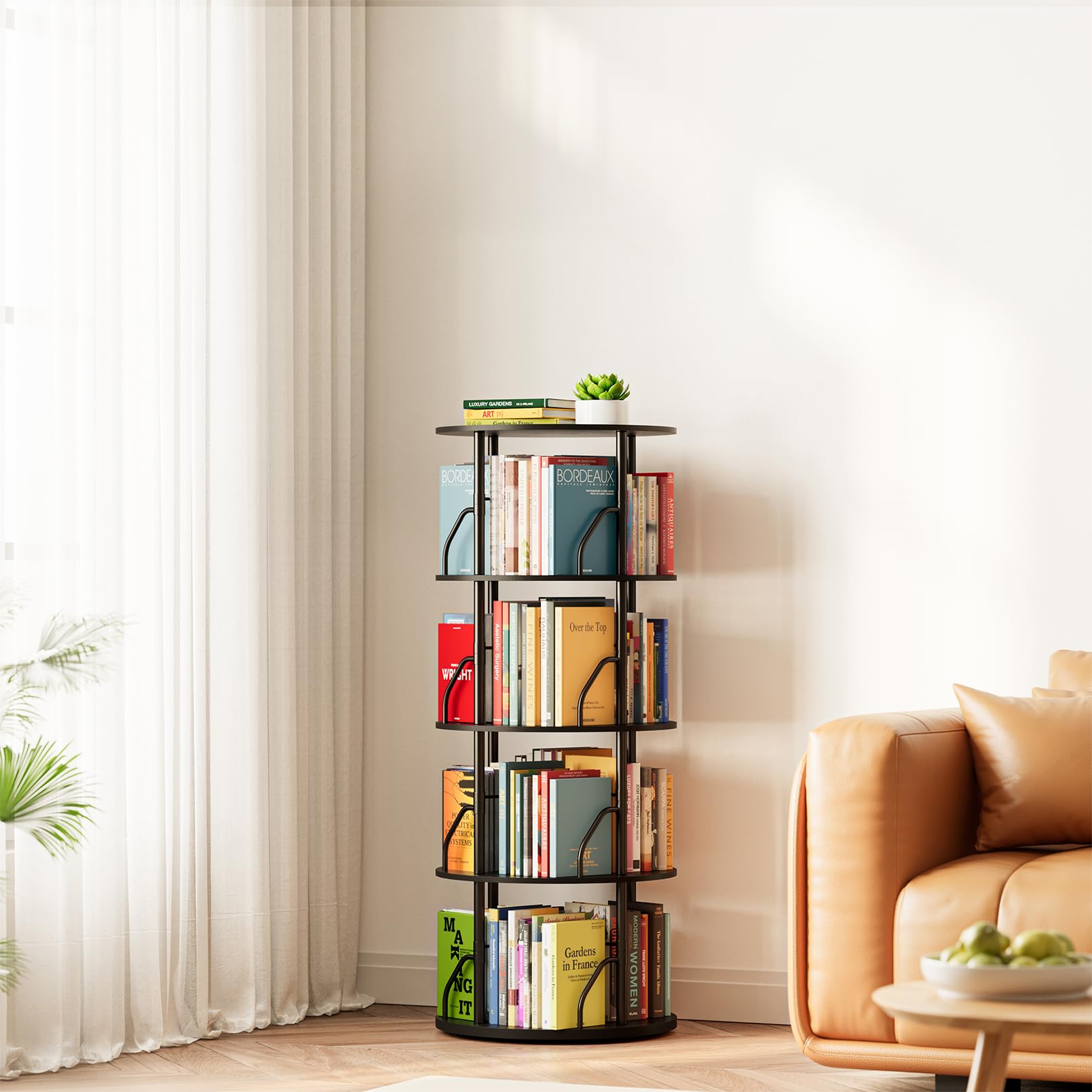 SpaceAid 4 Tier Rotating Bookshelf Tower, 360 Display Stackable Spinning Bookcase, Space Saving Revolving Round Book Shelf, Floor Standing Swivel Corner Organizer, Black
