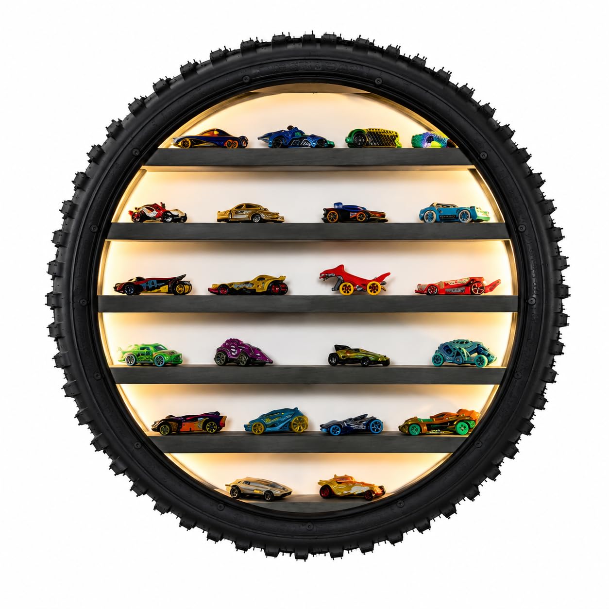Wall Mounted Tire Display Shelf with LED Lights, Wooden Circular Tyre Rack for & Die-Cast Cars, Kids Room Decor, Toy Car Organizer Storage Display, Handmade Tire Shape Floating Shelf-image-1