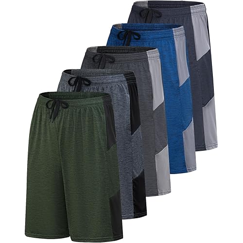 Real Essentials Men’s 5 Pack: 9" Dry-Fit Shorts – Athletic Gym, Workout, Basketball, Running, Casual Lounge Active Pockets