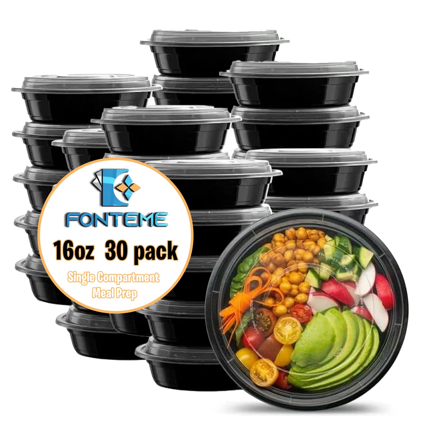 Fonteme 16 oz Meal Prep Container with Lids – 30 Pack | Disposable Food Storage Containers | BPA-Free, Microwave, Freezer, and Dishwasher Safe Food Prep Containers | Reusable Storage Lunch Boxes