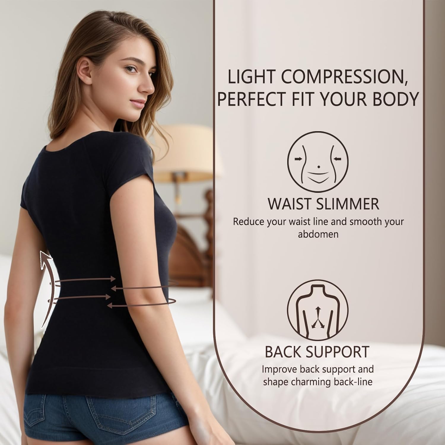 +MD Womens Undershirt Short Sleeve, Light Compression T-Shirt Tank Tops, Tummy Control Scoop Neck Basic Tee Camisole Seamless - Image 4