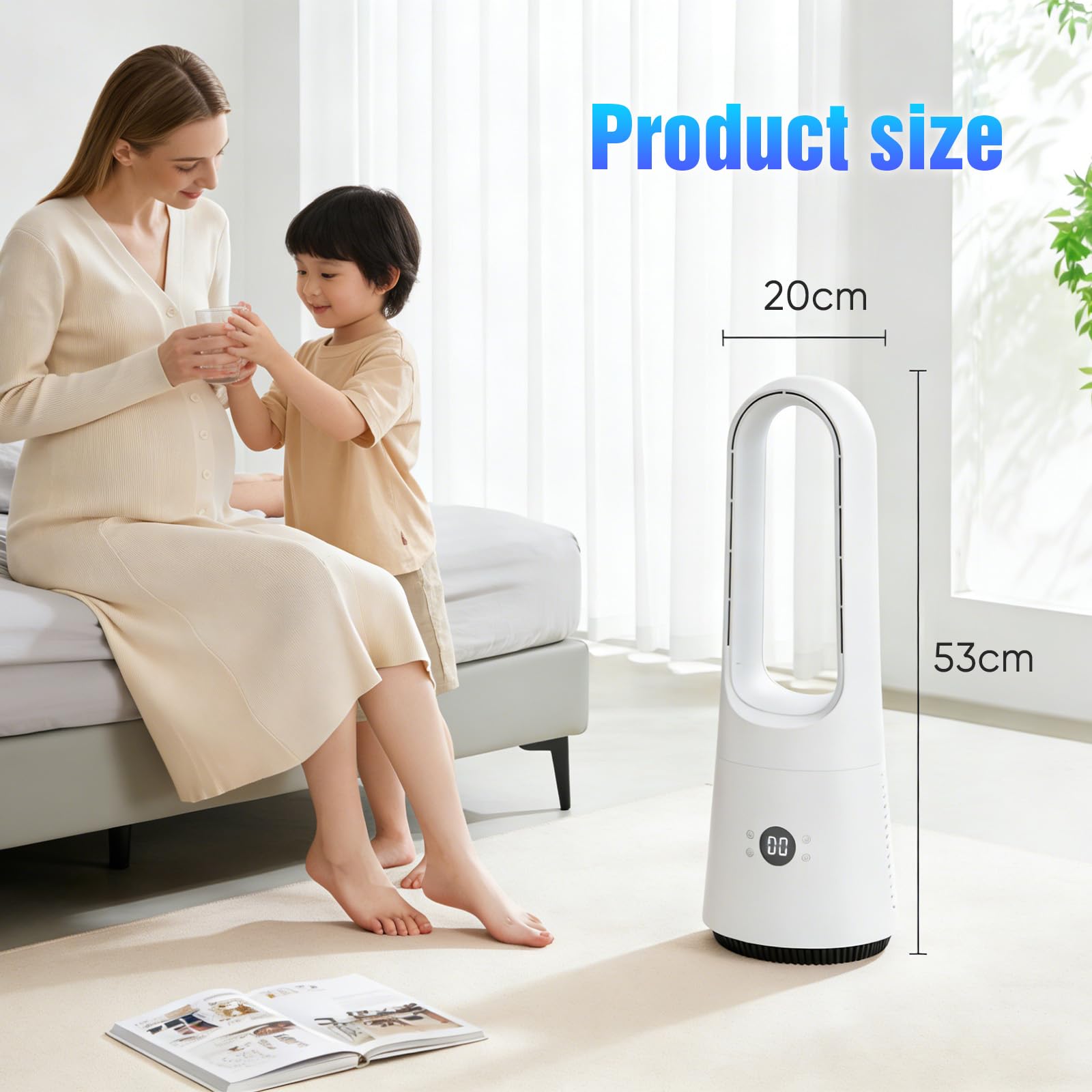 25 Zoll Blattloser Ventilator mit Fernbedienung, Turmventilator Standventilator 90° Oszillation 8H Timer Leiser Ventilator für Schlafzimmer, Luftventilator mit Touch-Bedienung (Schwarz-21 zoll)
