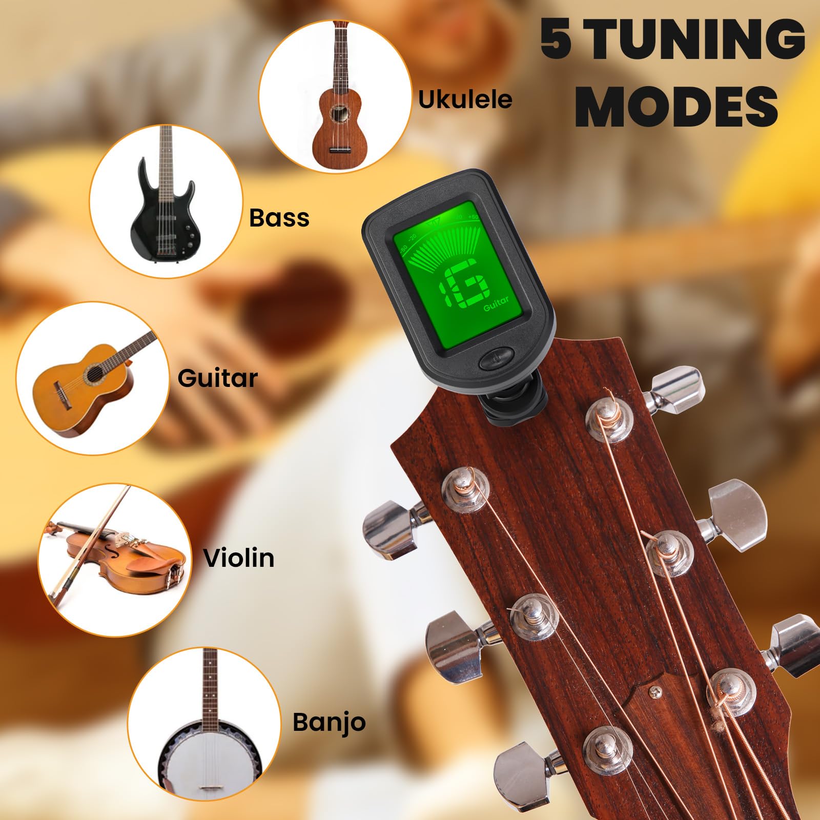 Boao 20 afinadores de guitarra, afinador de clip con modos cromáticos, pantalla LCD transparente electrónica digital, rotación de 360 grados para guitarra acústica/eléctrica, ukelele, bajo, violín