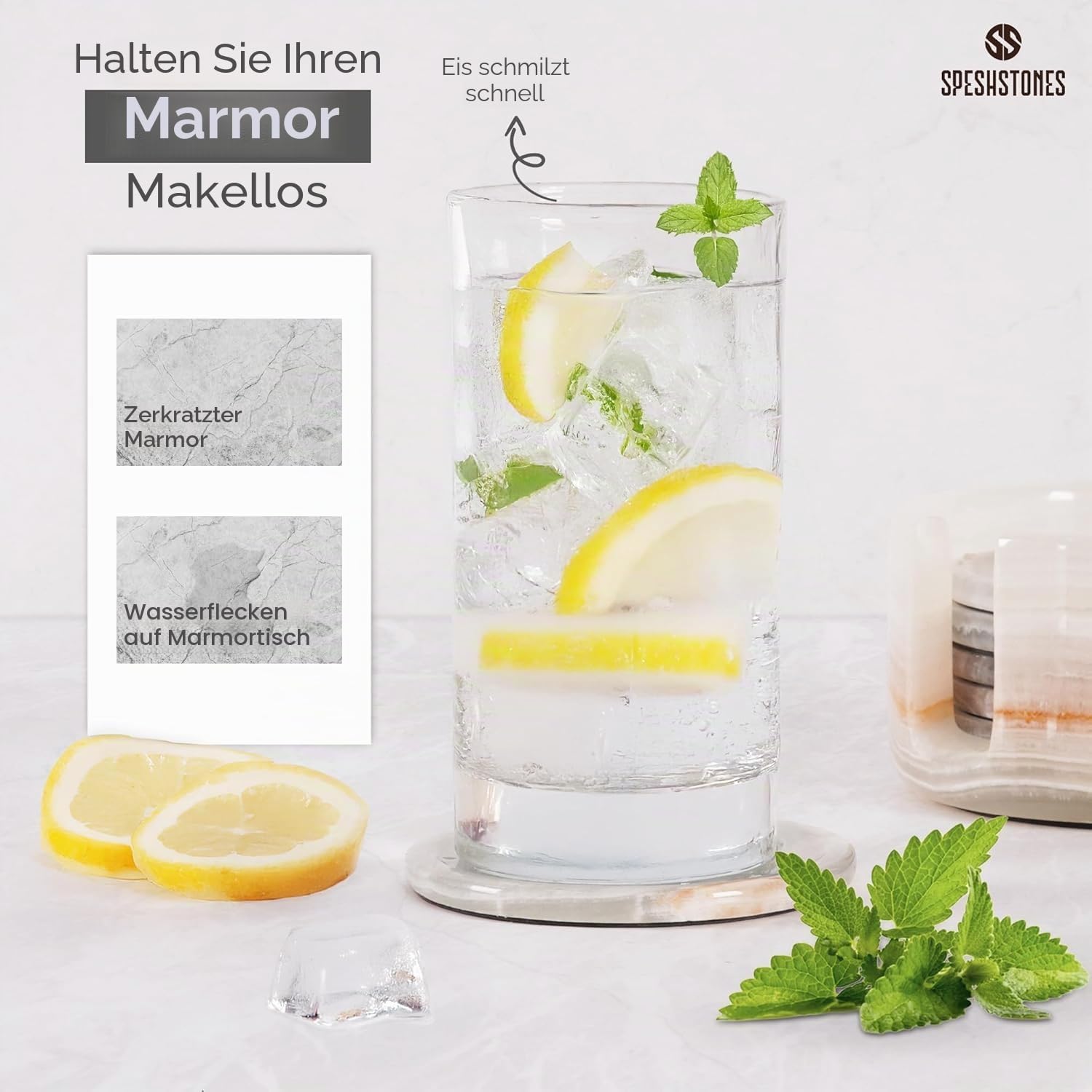 SPESHSTONES Set mit 6 runden Untersetzern 8,9 cm, aus Marmor und weißem Onyx inklusive Halterung, ideal für Cafés, Bars, als Geschenk, für Esstische und als Dekoration für Zuhause
