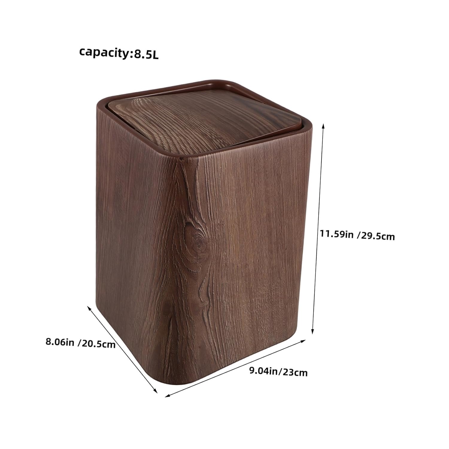 Imitation Wood Waste Basket with Rotating Lid Brown Plastic