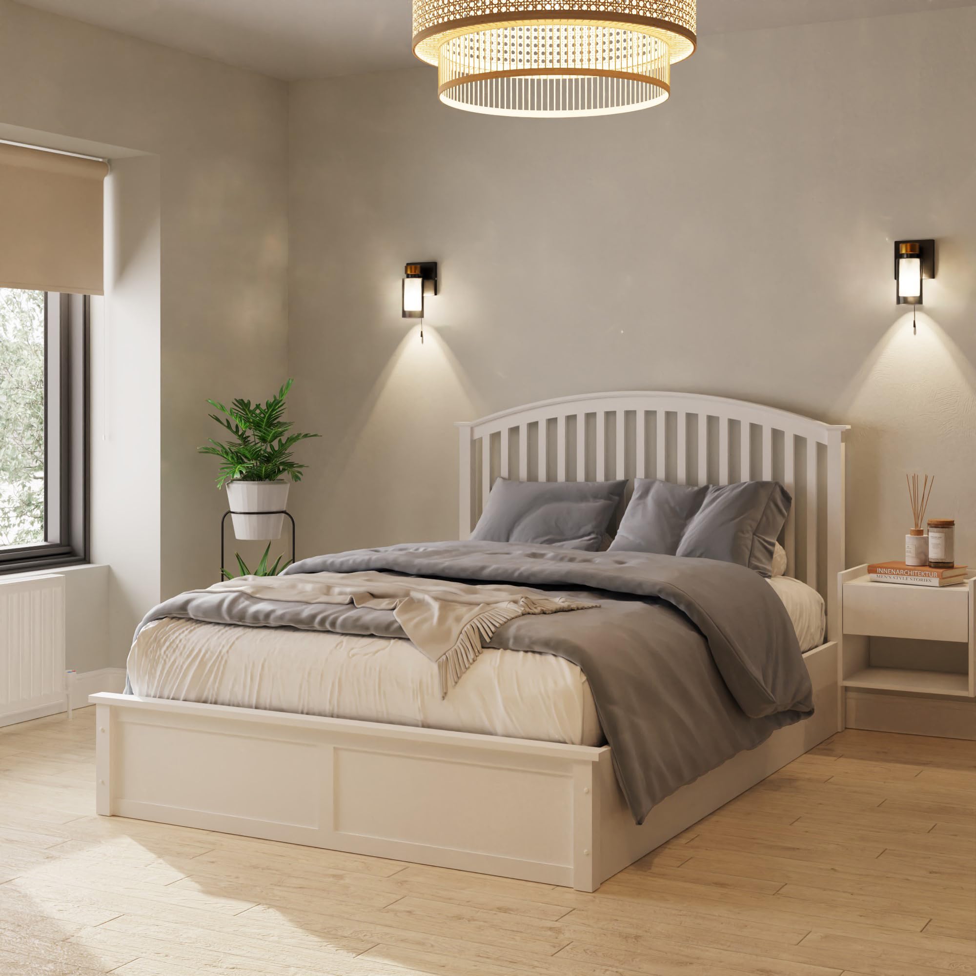 GFW Madrid King Size Wooden Ottoman Storage Bed Frame, White Bed with End Lift Underbed Storage, Thick Wooden Slats & Mattress Support Board