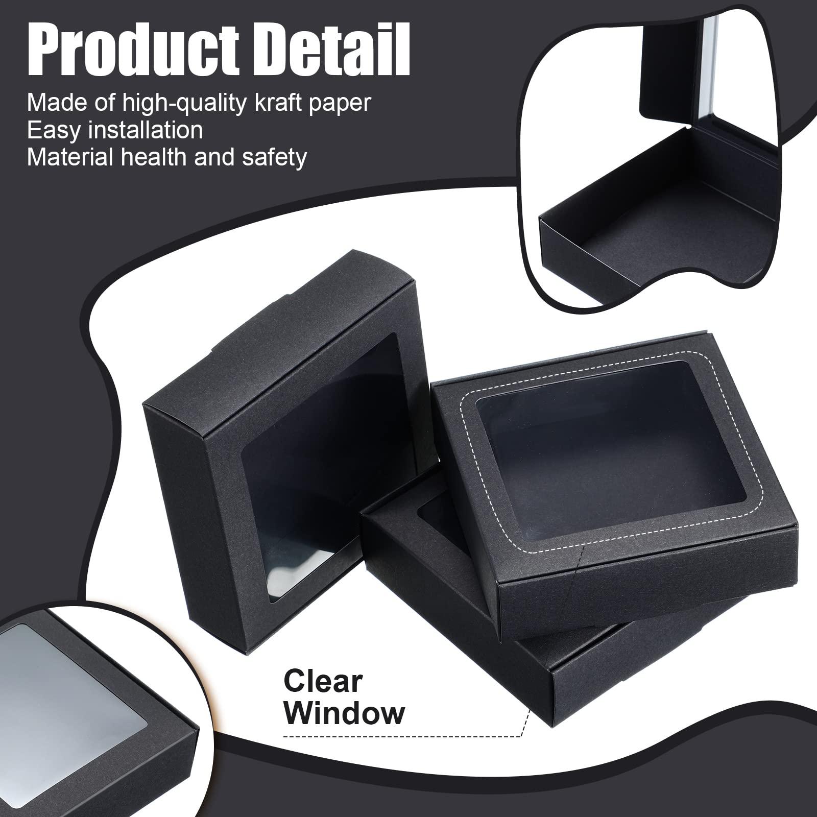 Zonon 60 Stück Leckerli-Boxen, Seifenschachteln für hausgemachte Seife, Mini-Kraftpapierboxen mit Fenster, Geschenkverpackungsbox für Seife (Schwarz, 10,5 x 10,5 x 3 cm)