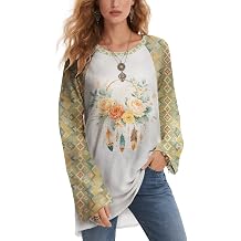 Womens Western Aztec Printed Tops Long Sleeve Retro Boho Tribal Crewneck Tshirt Casual Loose Curved Hem Fall Shirts