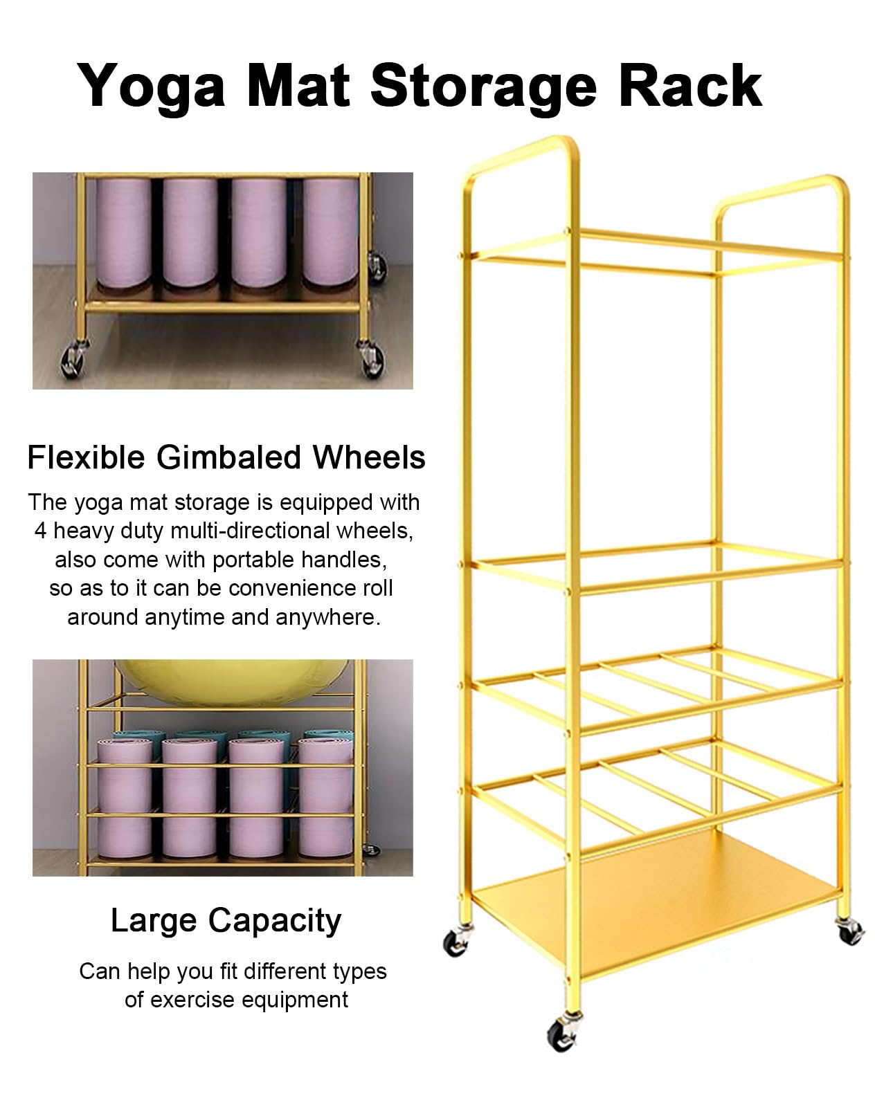 Soporte para Esterilla de Yoga, Estante de Almacenamiento de Gran Capacidad con 4 Ruedas - Organizador móvil para Bloques de Yoga, Pelotas, Rodillos de Espuma y Ruedas - Eficiente Soporte pa
