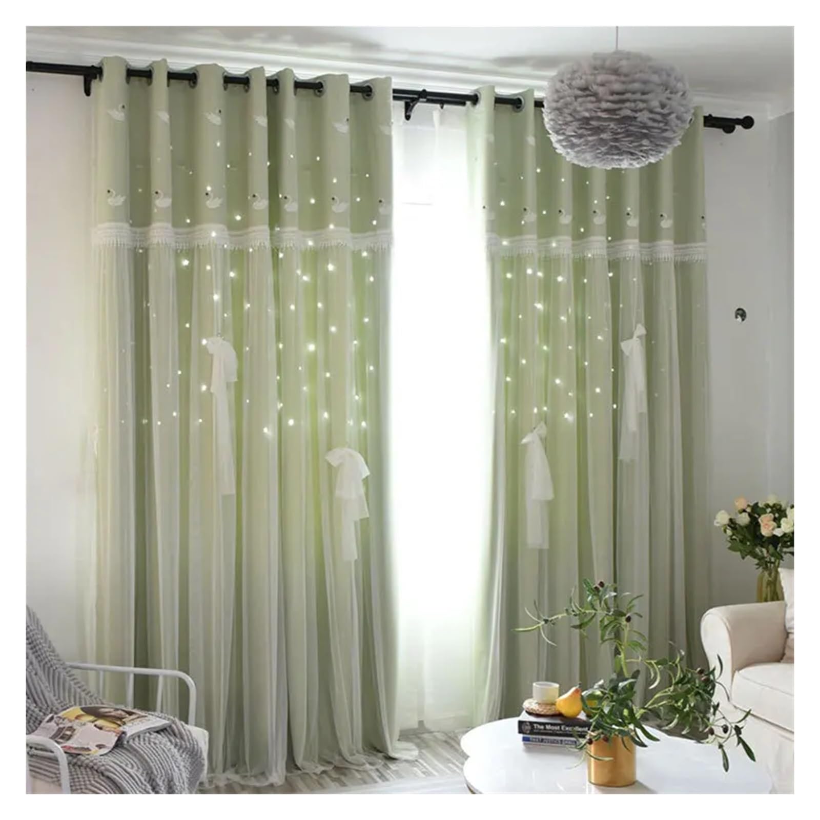 Rideaux occultants double couche verts 150x200cm style tulle et étoiles