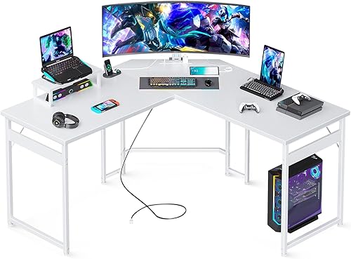 ODK Escritorio para juegos en forma de L con tomas de corriente, escritorio de computadora de 51 pulgadas con soporte para monitor, escritorio de