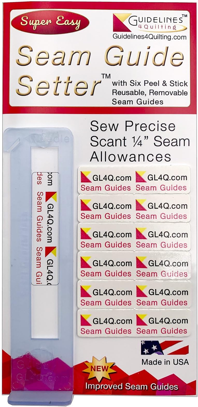 Guidelines4Quilting Super Easy Seam Guide Setter with 6 Reusable Adhesive Seam Guides - Easily Set a Scant 1/4-Inch Guide to Achieve Accuracy and No Fabric Waste - For Any Sewing Machine - Made in USA