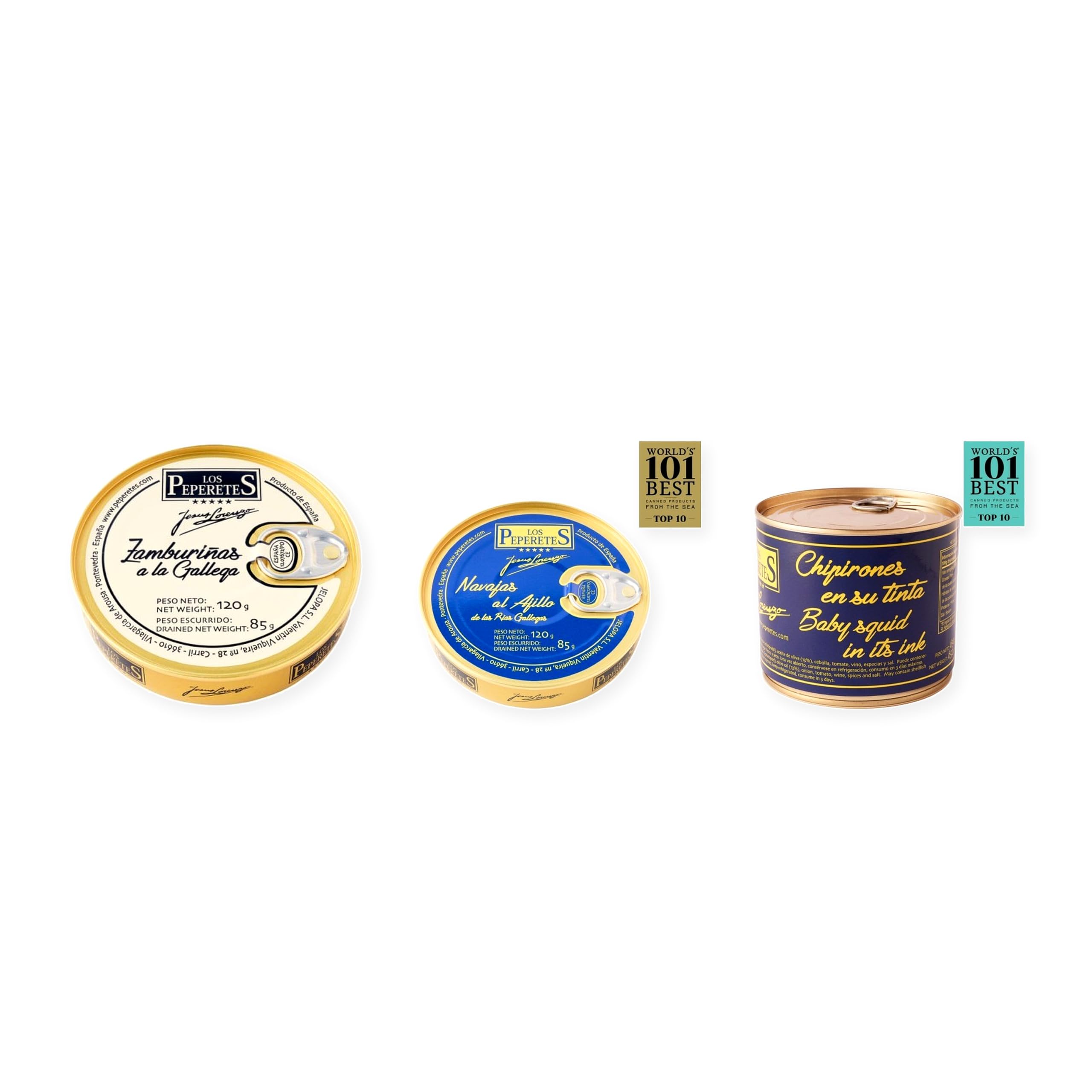 los peperetes conservas Zamburiñas Gallega, Navajas Ajillo y Chipirones Tinta 460g pack 3 latas