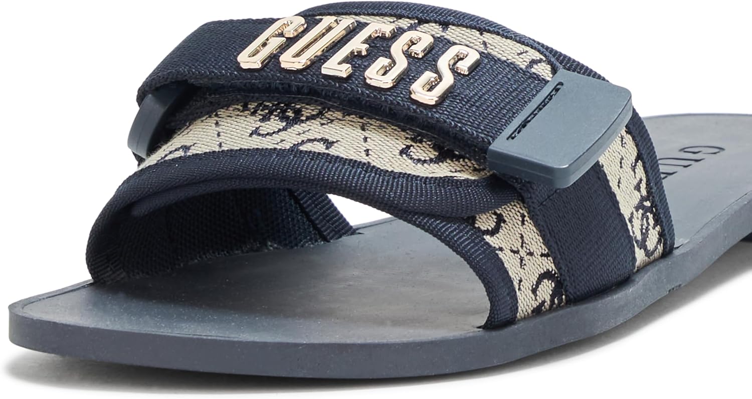 Guess Women's Elyze Flat Sandal 8.5 Dark Blue Logo 401 image 4 of 4 B0DP3FP1ZD