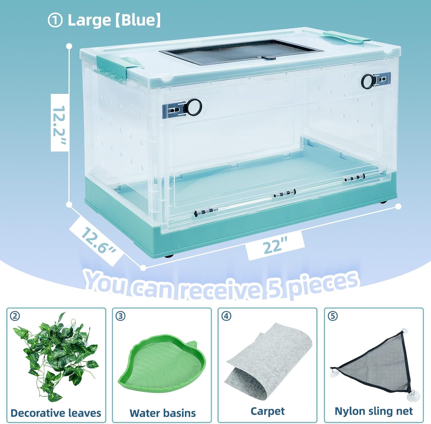 22" Foldable Reptile Terrariums Snake Tanks Enclosures for Bearded Dragons Iguanas Lizards Crested Geckos Clear Views Portability High-Temperature Resistant Mesh (Blue, Large)