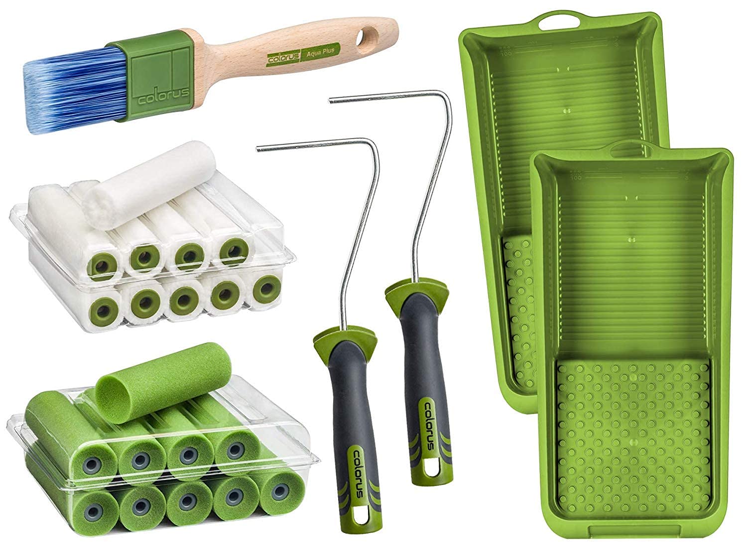 Colorus Lackierwalzen Set 25-tlg - Filt Rolle 10  cm + Schaumwalze 11 cm konkav + Pinsel 40 mm, Farbrollerbügel & Farbwannen 15x32 cm - Lack Set für wasserbasierte & lösemittelhaltige Lacke