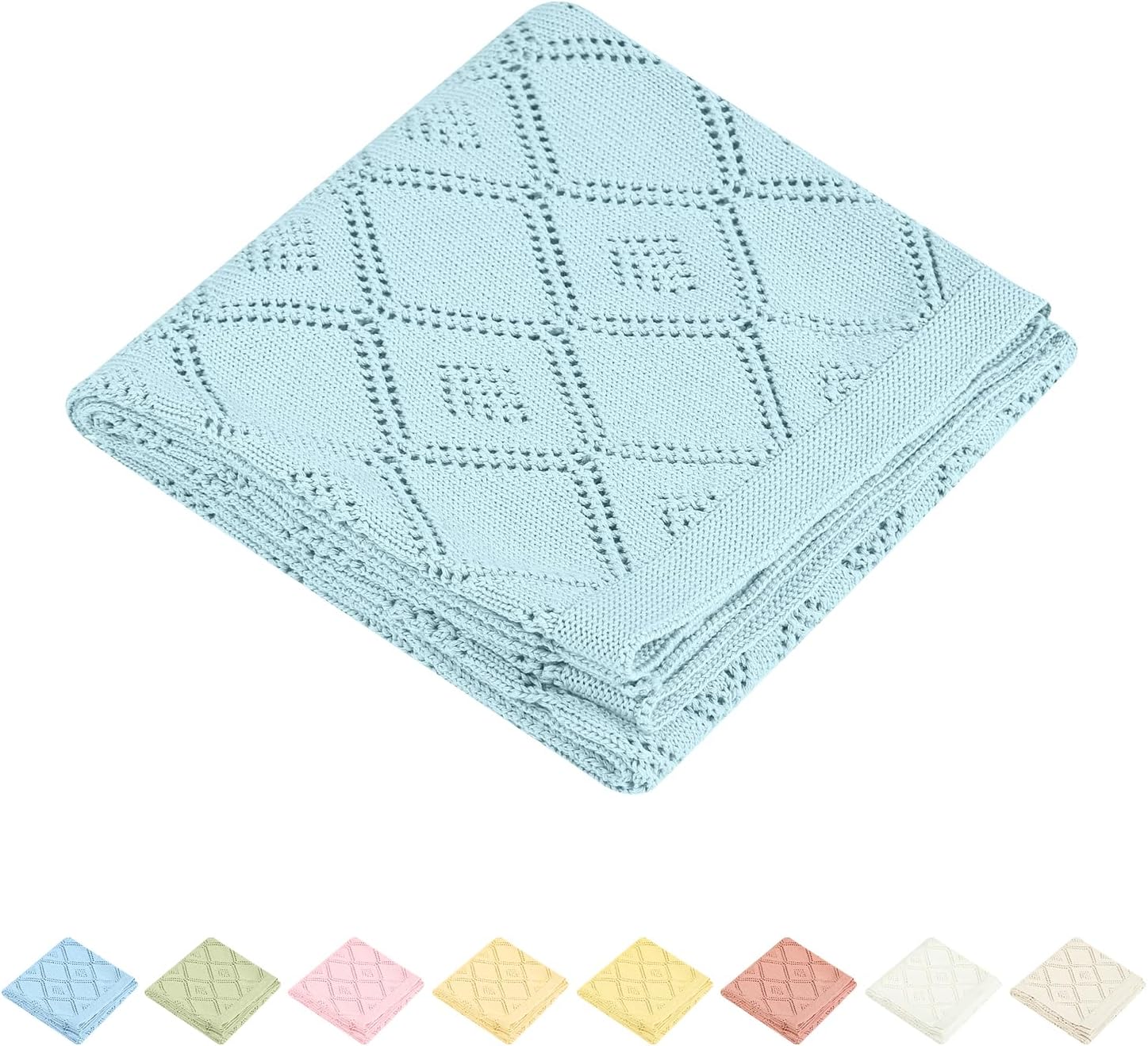 Baby Receiving Blanket 100% Cotton Knit Soft Warm Cozy Unisex Cuddle Stroller Crib Swaddle Blanket for Newborns, Infants Toddler, Boys and Girls Size 30×40 Inches, Light Blue