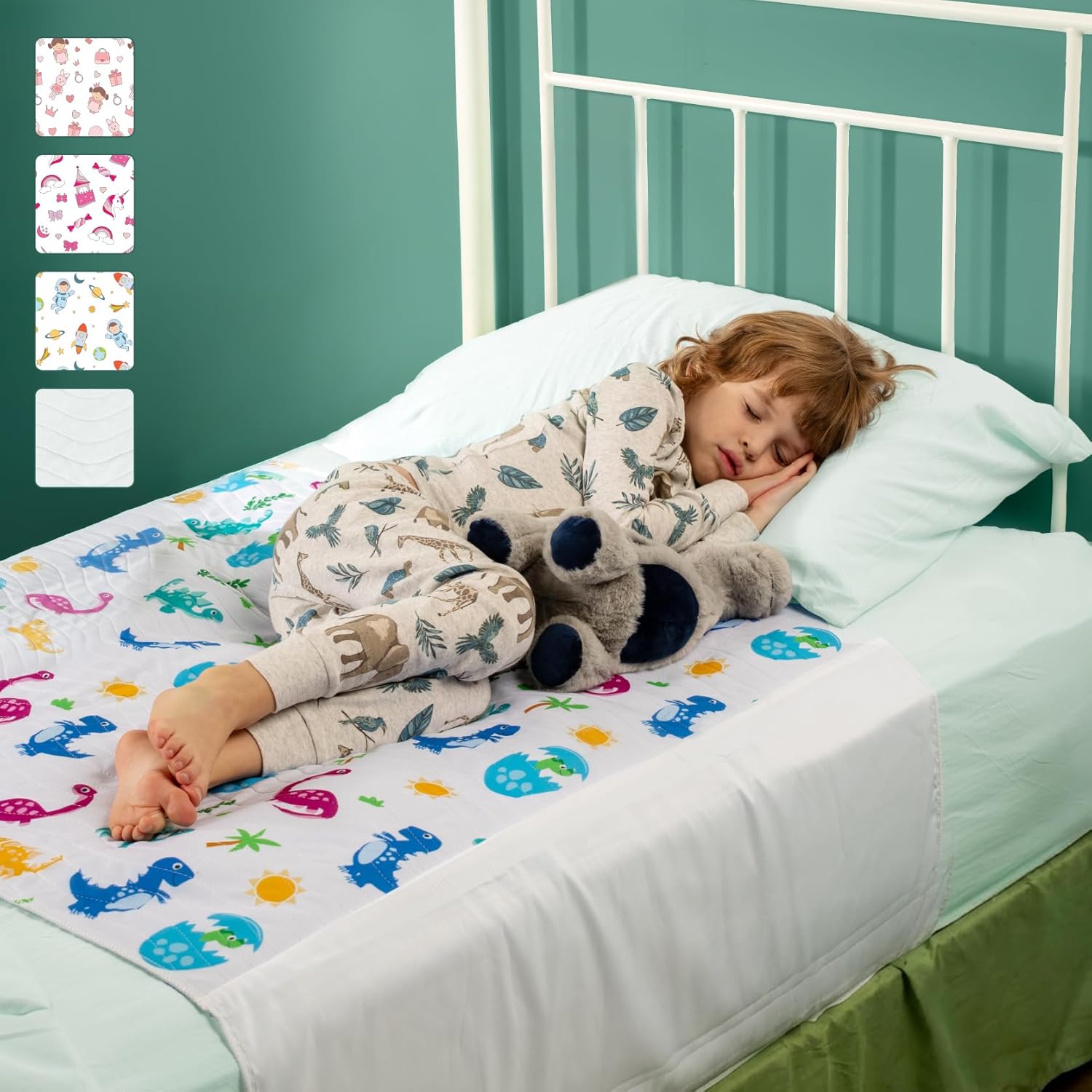 IMPROVIA® Pee Pads for Kids - Bed wetting Pads for Kids Potty Training Bed mats for Toddlers Waterproof Reuseable Washable Absorbent, Non Slip - Dino Design - Twin Size 34”x36 (2 Pack)