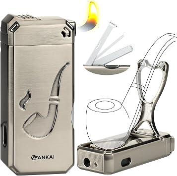 5 in 1 Pipe Lighter, with Pipe Stand, Cleaner Tools Needle Tample Scraper, Refillable Butane Lighter with Angled Soft Flame, Cool Lighters for Smoking, Pipe Gift for Men