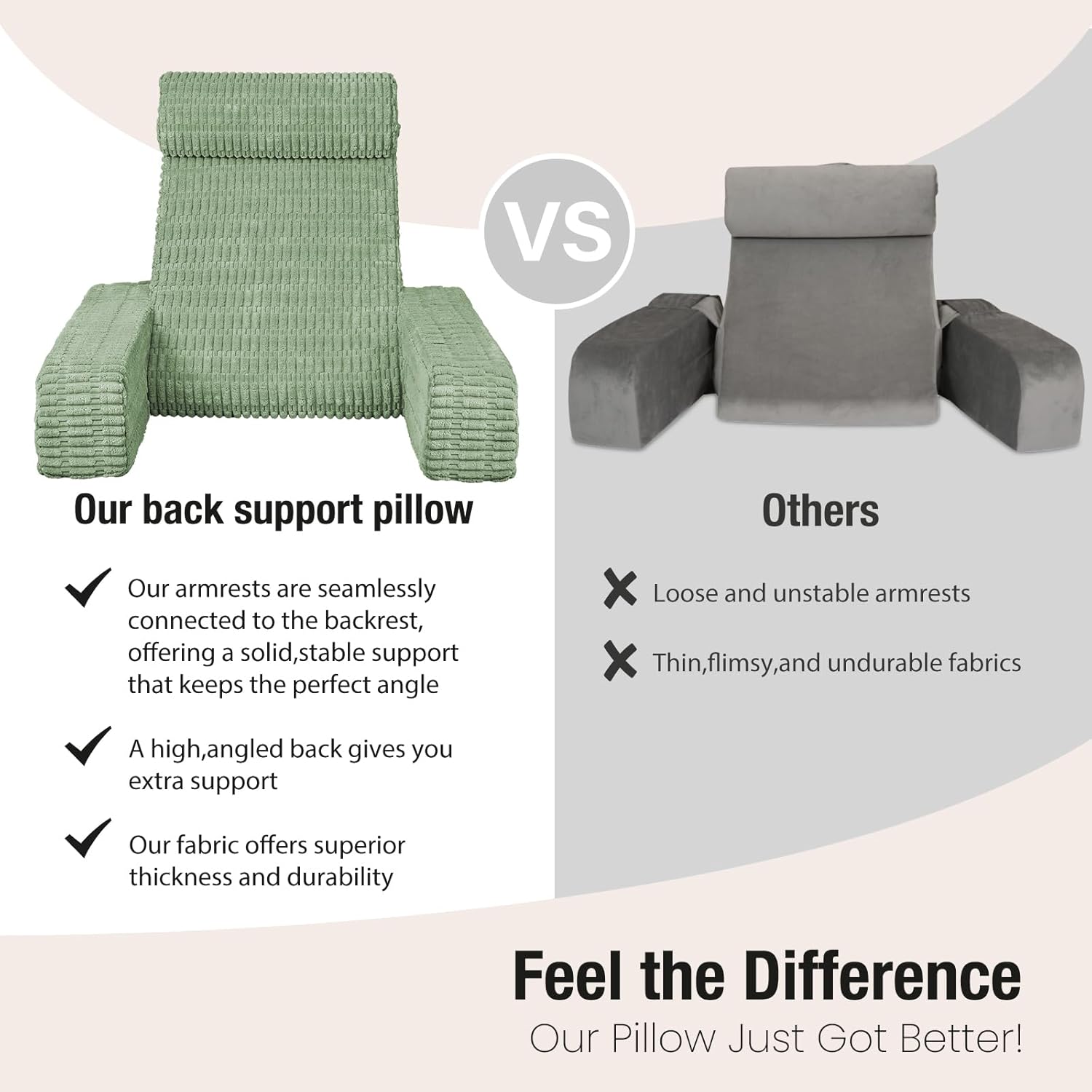 21" Reading Pillow for Bed Sitting Up, Back Support Pillow with Built-in Arms & Large Pockets, Washable Cover, Sage Green